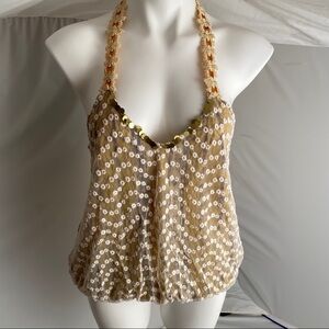 Free People multicolor mustard brown tan racer back floral mesh overlay top